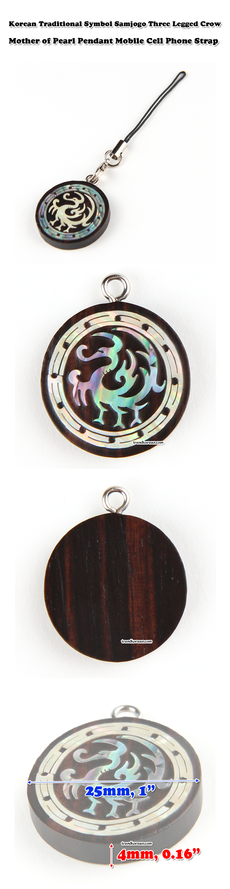 Korean Traditional Symbol Samjogo Three Legged Crow Mother of Pearl MOP Pendant Mobile Strap